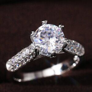 😍Engagement Flower Anillos Pure Round CZ Dainty Silver Plated Ring, L141